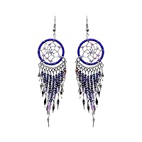 Large Dream Catcher Long Seed Beaded Metal Dangle Earrings - Womens Fashion Handmade Jewelry Boho Accessories