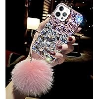 Losin Compatible with iPhone 14 Pro Max Bling Case Luxury 3D Sparkle Diamond Crystal Rhinestones for Women Girls Glitter Case with Cute Furry Plush Ball Pendant Soft TPU Bumper Shiny Gemstone Cover