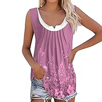 Basic Tank Tops for Women Plus Size Sleeveless Scoop Neck Tunic Pleated Tanks Print Loose Shirts Graphic Tee Blouse