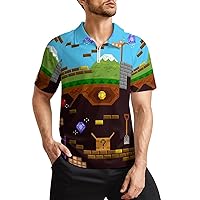 Retro Video Game Playing Men's Zippered Polo Shirt Casual Slim Fit Short Sleeve Golf T Shirts