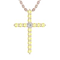 14k Rose Gold timeless cross pendant set with 15 round yellow sapphires (1/4ct, AA Quality) encompassing 1 round white diamond, (.025ct, H-I Color, I1 Clarity), suspended on a 18