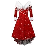 Women's Christmas Outfits Fashion V-Neck Casual Fit Print Party Long Sleeve Dress Plus Size