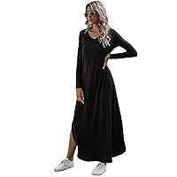 WDIRARA Women's V Neck Long Sleeve Slit Tshirt Dress Casual Solid Maxi Dress