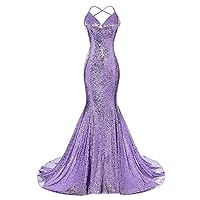 Women's V Neck Mermaid Prom Dress Sequins Spaghetti Straps Formal Evening Dress Lavender