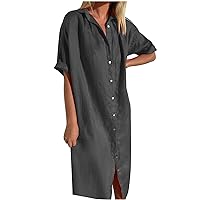 Women's Casual Cotton Linen Shirt Dress Button Down Short Sleeve Lapel V Neck Summer Loose Fit Beach Midi Dresses
