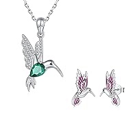 925-Sterling-Silver Charm Hummingbird Pendant Necklace and Hummingbird Stud Earrings Set