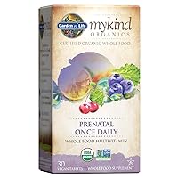 Garden of Life mykind Organics Prenatal Vitamins - 30 Tablets, Prenatal Once Daily Whole Food Vitamins for Women with Folate not Folic Acid, Vitamin D3, Iron, Vegan One a Day Prenatal Multivitamin