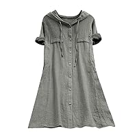 Womens Summer Beach Coverup Dresses Short Sleeve Button Down Tshirt Dress Protection Drawstring Hooded Mini Dress with Pocket