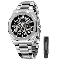 Tiong Men's Watch Luxury Skeleton Mechanical Stainless Steel Waterproof Black Automatic Self-Winding Wrist Watches for Men