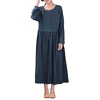 Women's Casual Loose Clothes Long Sleeves Spring/Fall Soft Cotton Linen Dresses with Pockets