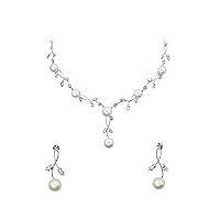 Faship Gorgeous CZ Crystal Genuine Freshwater pearls Floral Necklace Earrings Set