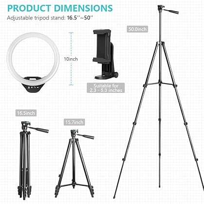 Sensyne 10'' Ring Light with 50'' Extendable Tripod Stand, LED Circle Lights with Phone Holder for Live Stream/Makeup/YouTube Video/TikTok, Compatible with All Phones