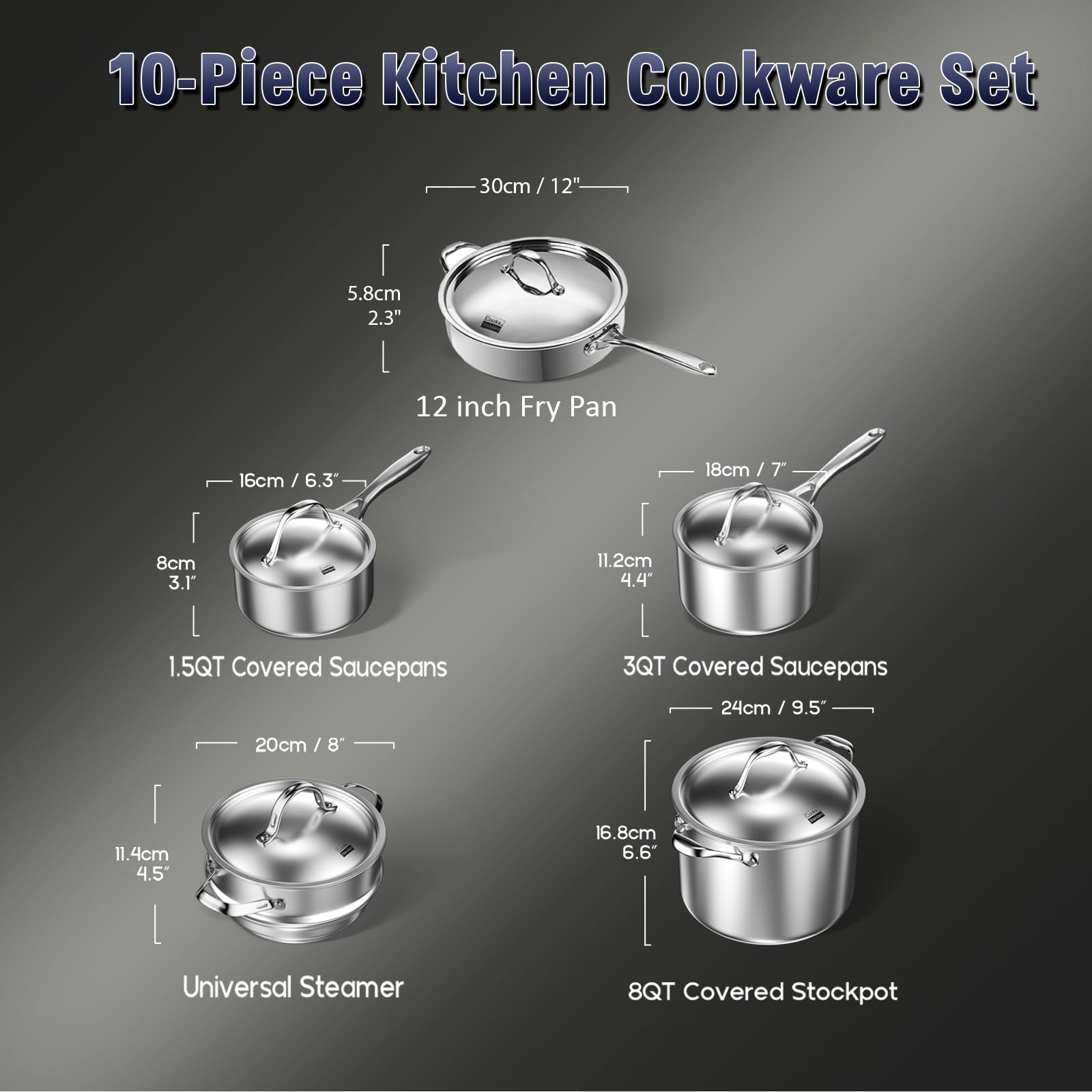 Cooks Standard Stainless Steel Induction Cookware Sets, 10 Piece Multi-Ply Clad Pots and Pans Set with Stay-Cool Handles, Kitchen Cooking Pans, Dishwasher Safe