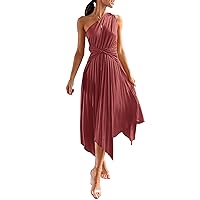 PRETTYGARDEN Women's Summer Long Satin Dress One Shoulder Sleeveless Ruched Twist Flowy Maxi Dresses