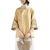 Chinese Style Retro Cotton and Linen Shirt Women Spring Summer Chinese Stand-Up Collar Button Blouse Embroidered