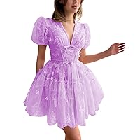 Women's 3D Butterflies Homecoming Dresses Tulle Puffy Sleeve Short Prom Dress for Teens