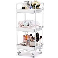 TOOLF 3-Tier Storage Rolling Cart, Kitchen Utility Cart with Wheels, Plastic Organizer Cart Rolling Trolley Shelving Unit, Storage Rack, Fruit Vegetable Rack