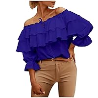 Summer Layered Ruffle Lace-Up Off Shoulder Tops for Womens 3/4 Puff Sleeve Frill Trim V-Neck Fashion Elegant Blouses