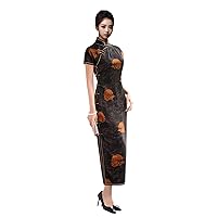 Women Qipao Silk Fragrant Cloud Yarn Ink Print Mock Collar Short Sleeve Slim Black Evening Long Dress 3621
