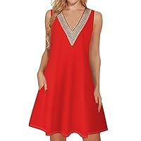 My Orders Summer Dresses for Women 2024 Trendy Lace V Neck Sleeveless Dressy Casual Sundress with Pocket Tank Dress Spring Sale 2024(2-Red,X-Large)