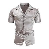 Mens Luxury Satin Slim Fit Dress Shirts Solid Short Sleeve Button Up Shirts Stylish Shiny Lightweight Business Formal T-Shirt