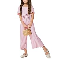 Haloumoning Girls Romper Kids Fashion Square Neck Short Sleeve Wide Leg Pants Jumpsuit with Pockets 7-14 Years