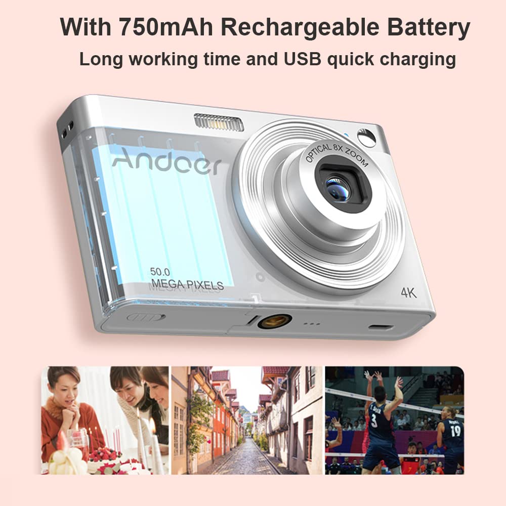 Andoer Portable 4K Digital Camera Video Camcorder 50MP 2.88 Inch IPS Screen Auto Focus 16X Zoom(8X Optical & 8X Digital) Anti-Shake Face Detect Built-in Flash with Batteries for Kids