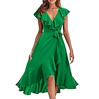 Women's Summer Casual Dresses 2024 Cap Ruffle Sleeve V Neck Wrap Flowy Midi Dresses Elegant Ruffle Hemline Skirt Beach Dress