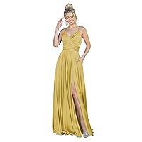 Women's A-Line Satin Prom Dresses with Slit Long Spaghetti Straps V Neck Bridesmaid Party Dress with Pockets