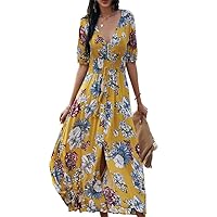 Women's Boho Front Split Maxi Dress V-Neck Short Sleeve Button Down Floral Print Dress