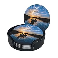 Fishing Scenic Print Coaster,Round Leather Coasters with Storage Box for Wine Mugs,Cold Drinks and Cups Tabletop Protection (6 Piece)