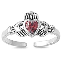 Heart Solitaire Claddagh Simulated Garnet .925 Sterling Silver Toe Ring