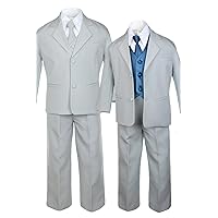 7pc Boys Silver Suit with Satin Green Teal Vest Set from Baby to Teen