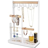 ProCase Jewellery Organiser Jewellery Stand Holder, 4 Tiers Jewelry Stands Necklace Organizer Earring Holder, 10 Hooks Jewelry Tower Display Rack for Bracelets Watches Rings Gifts for Women -White