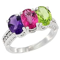 10K White Gold Natural Amethyst, Pink Topaz & Peridot Ring 3-Stone Oval 7x5 mm Diamond Accent, Sizes 5-10