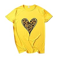 Leopard Love Heart Shirt for Women Valentines Day Casual Short Sleeve T-Shirt Crewneck Simple Fashion Tee Blouses