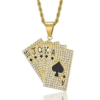 Silver Stainless Steel Hip Hop Iced Out Gold Poker Card Initial Necklace Royal Flush Ace of Spade A K Q J 10 Pendant with 24 inch Chain