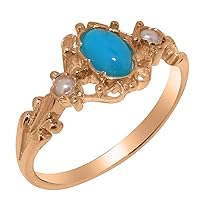 10k Rose Gold Natural Turquoise & Cultured Pearl Womens Trilogy Ring - Sizes 4 to 12 Available