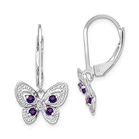 925 Sterling Silver Dangle Polished Leverback Amethyst and Diamond Butterfly Angel Wings Earrings Measures 24x13mm Wide Jewelry for Women