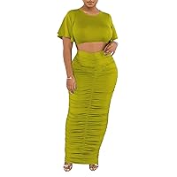 Women's 2 Piece Outfits Flare Sleeve Crop Tops Sexy Bodycon Jumpsuits Maxi Dresses Midi Ruched Skirt Sets