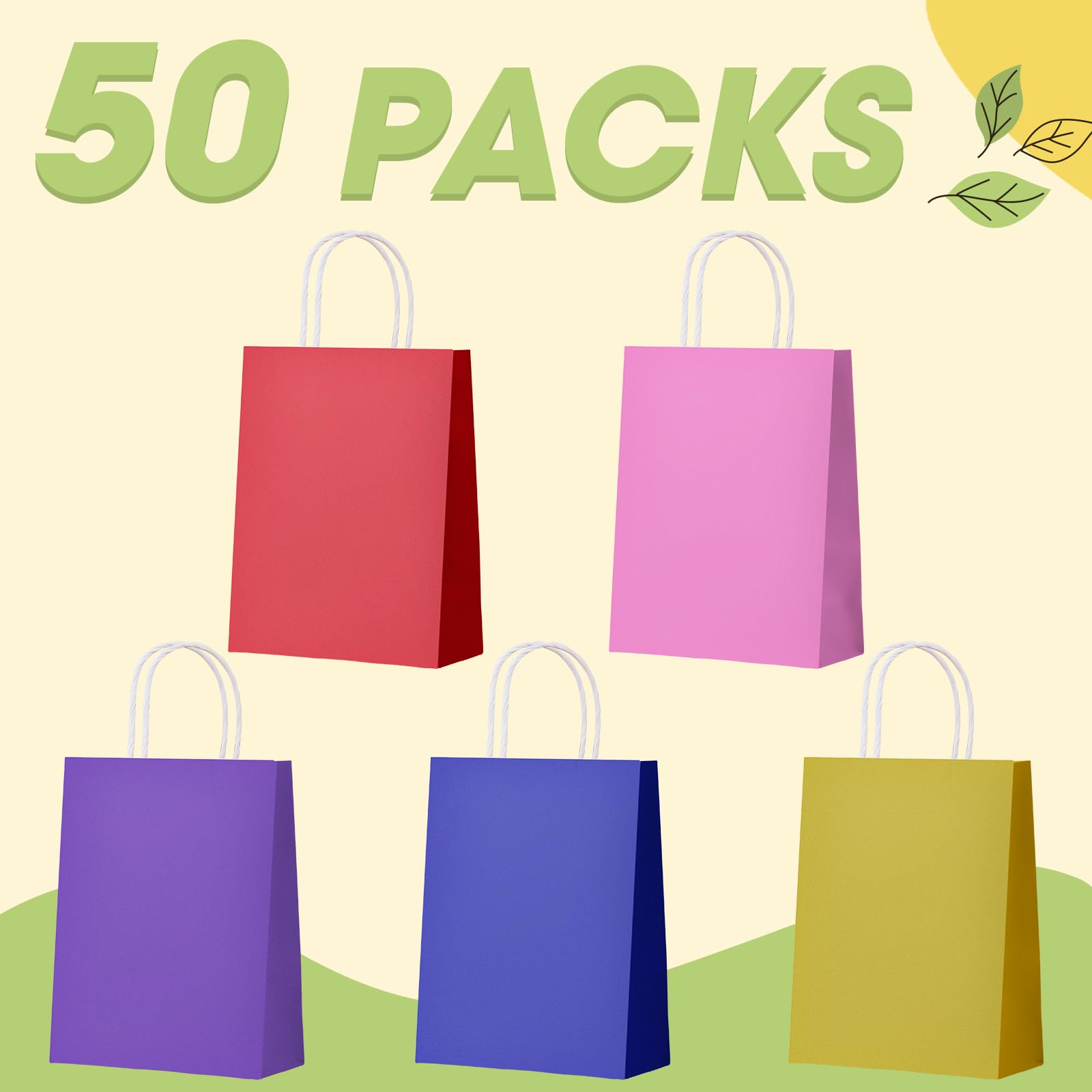 Pureegg gift Bags - 50 Pack, 5.25×3.25×8 inch, Small Gift Bags Bulk with Handles, Small Size Paper Bags with Handles for Small Business, Party Supplies, Christmas, Wedding, Baby Shower
