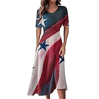 Patriotic Dress for Women Red White Blue Print Vintage Trendy with Short Sleeve V Neck Tunic 4th of July Dresses