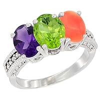 10K White Gold Natural Amethyst, Peridot & Coral Ring 3-Stone Oval 7x5 mm Diamond Accent, Sizes 5-10
