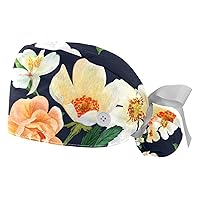 2 PCS Working Cap with Button for Women Long Hair Adjustable Elastic Bandage Tie Back Hats Bouffant Caps Winter Flower