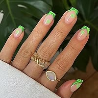 St Patrick's Day Press on Nails Four-leaf Clover Short Square French Tip with Shamrock Design Glossy Acrylic False Nails Almond Stick on Nails St Patrick's Day Glue on Nails for Women Manicure 24Pcs
