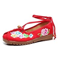 Women's Chinese Embroidery Flower Flats Ballet Shoes Sandals Red