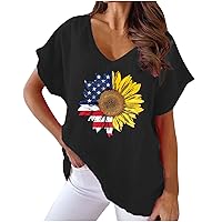 Women's American Flag Sunflower T-Shirt Summer Cotton Linen Short Sleeve Tops Casual V Neck Baggy Lightweight Blouse