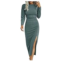 Dresses for Women 2024 Casual Solid Round Neck Slim Long Sleeve Split Temperament Long Dress