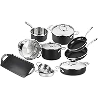 Magefesa® Prisma 13 piece cookware set, pans and pots, nonstick, made in durable & resistant stainless steel, Oven Safe up to 392°F, high-temperatura exterior coating in matte black