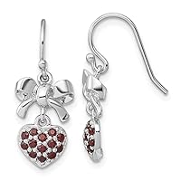 925 Sterling Silver Rhodium Plated Polished Garnet Love Heart Bow Shepherd Hook Earrings Measures 22x10.7mm Wide Jewelry for Women